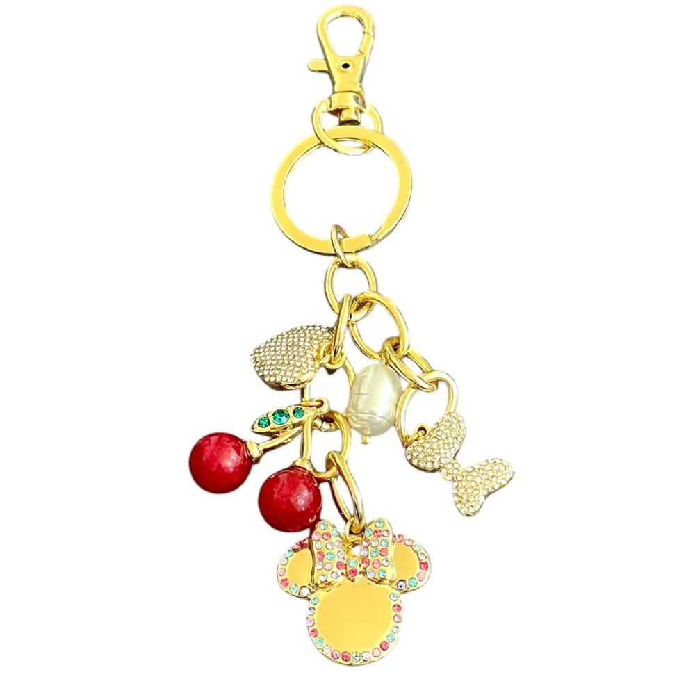 DISNEY Gold-tone Keychain Bag Charm Cherries, Minnie, Heart, Bow, & Faux Pearl
